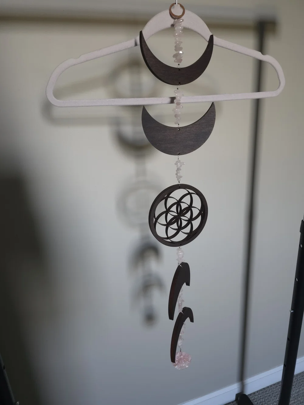 Handcrafted Moon Phase Wall Hanging with Rose Quartz & Copper Accents